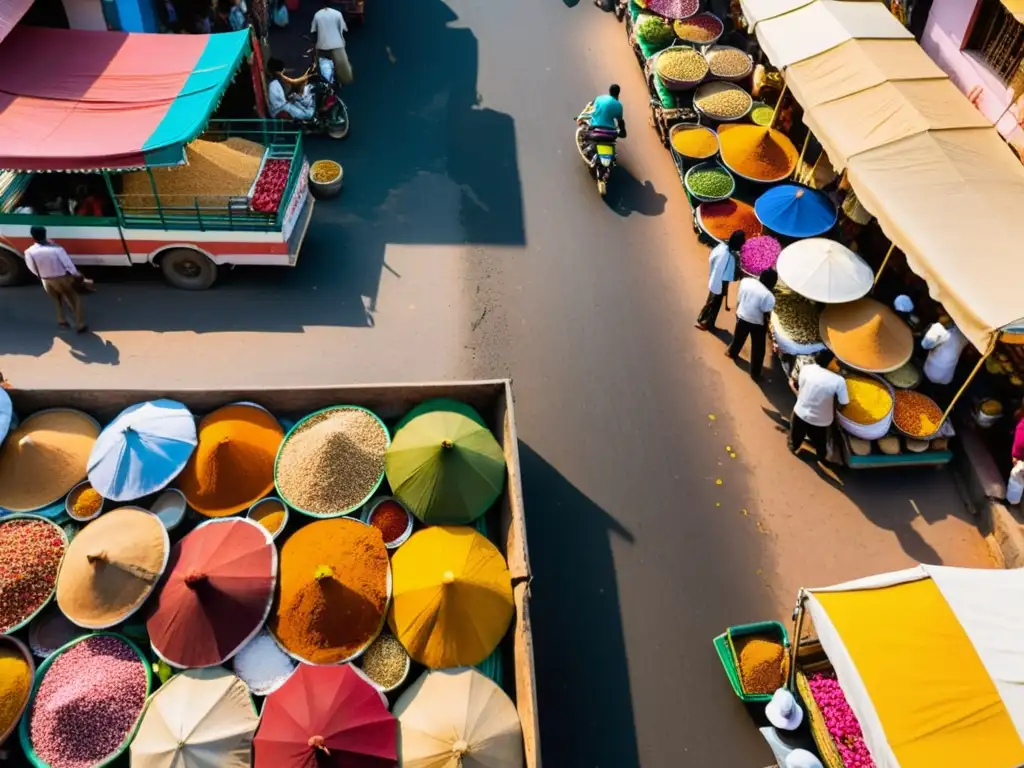 Vista aérea de un animado mercado callejero en la India, rebosante de especias coloridas
