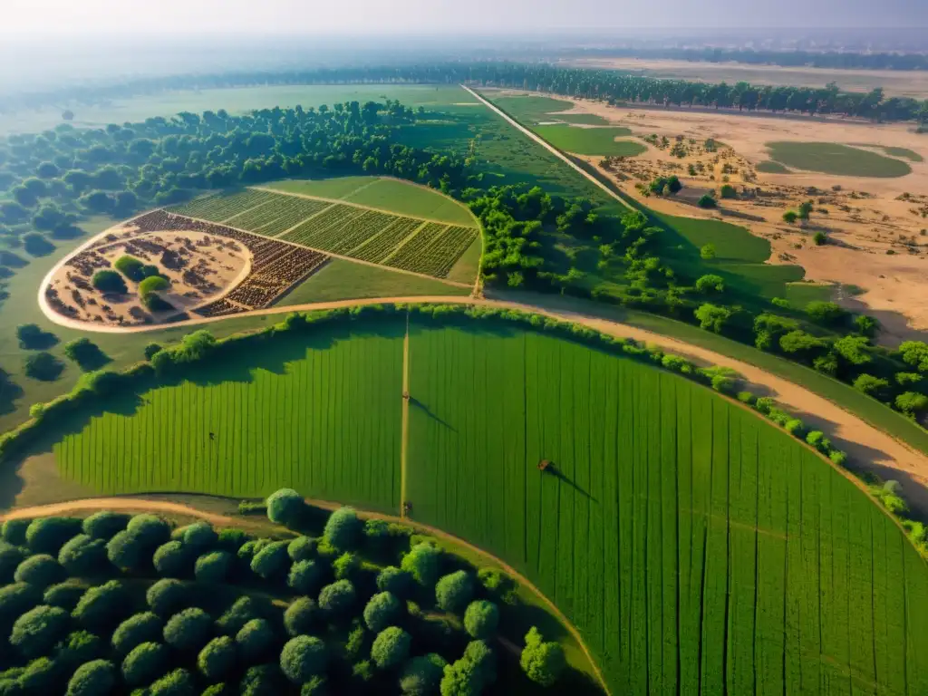 Vista aérea del antiguo campo de batalla de Kurukshetra, con restos de guerra y una mezcla impactante de vida y muerte