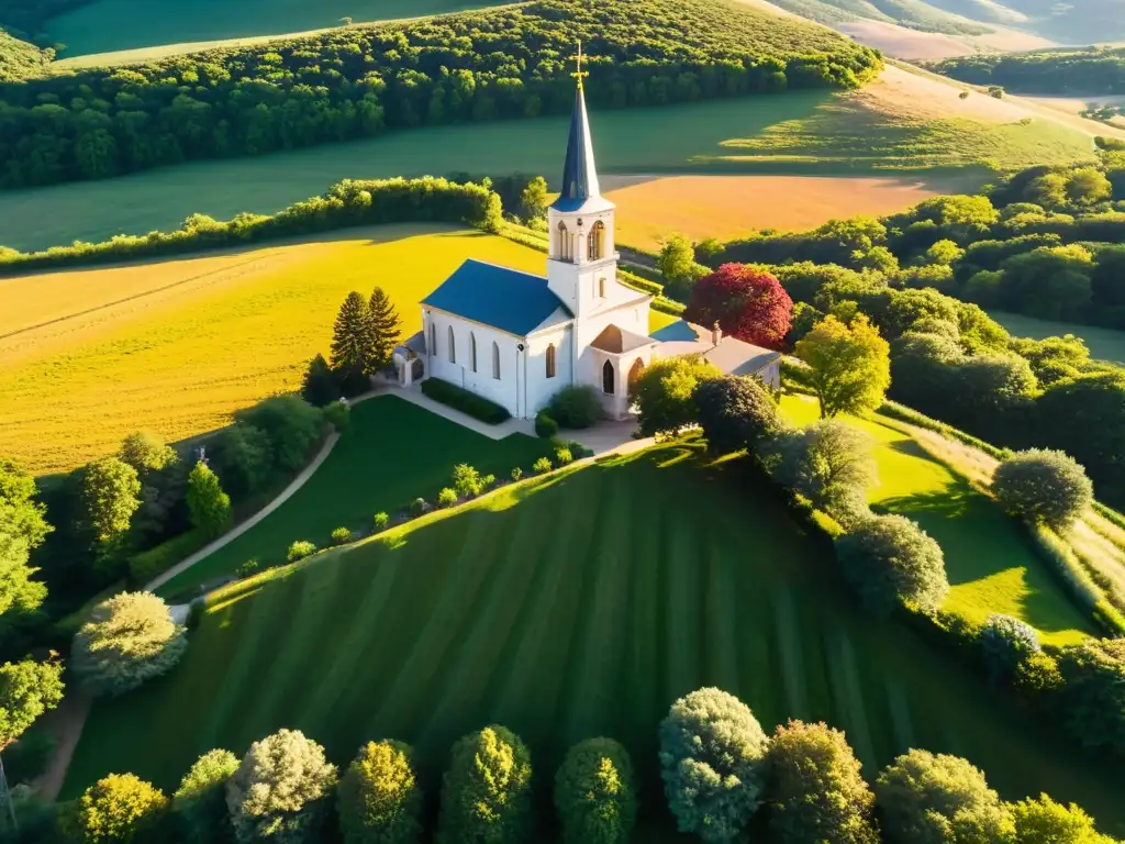 Vista aérea de un antiguo monasterio entre colinas, bañado por cálido sol dorado