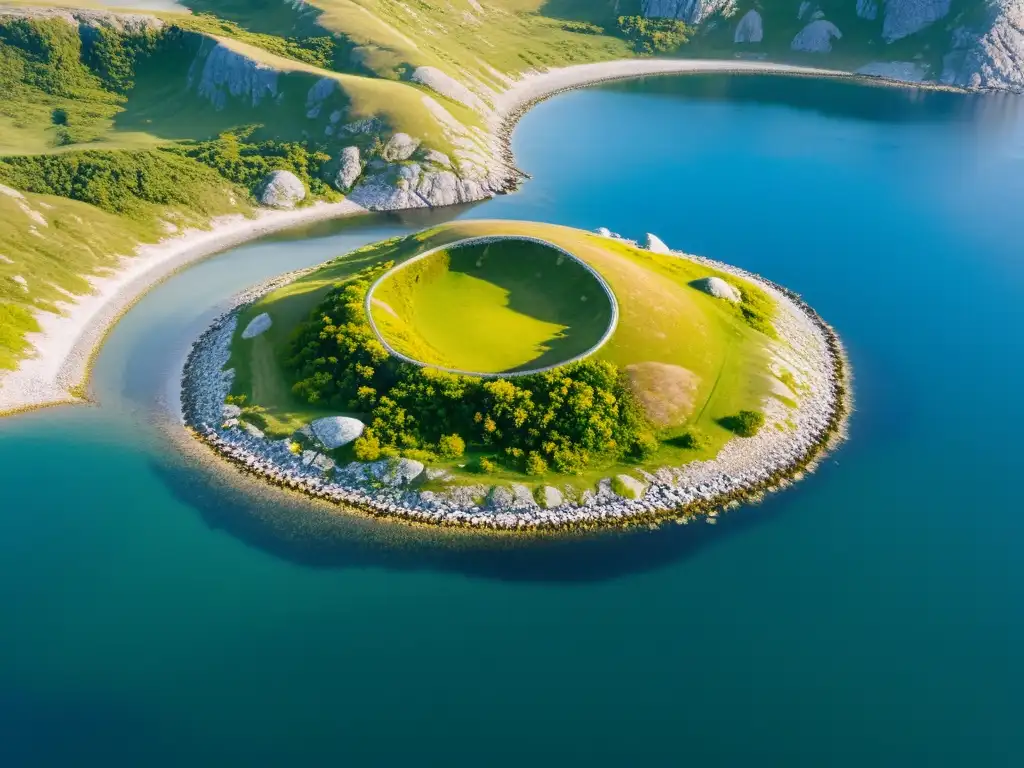 Vista aérea de los antiguos túmulos funerarios vikingos en la remota península escandinava, envueltos en historia y leyendas vikingas escandinavas