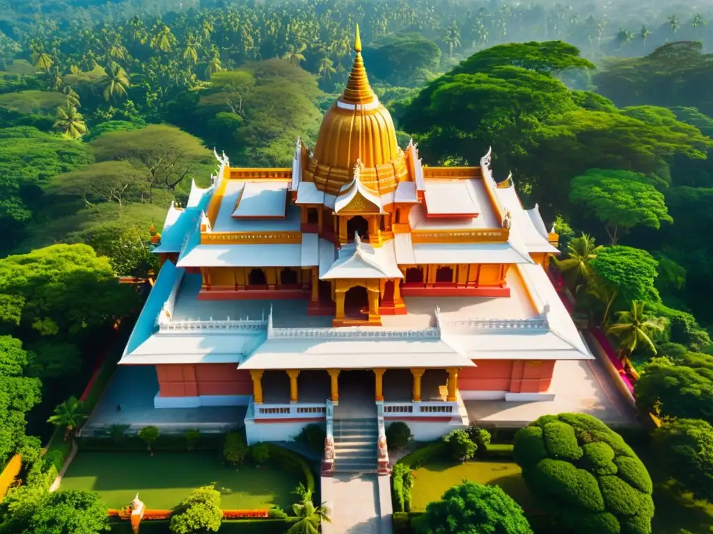 Vista aérea de la arquitectura detallada de un templo hindú en India rodeado de exuberante vegetación