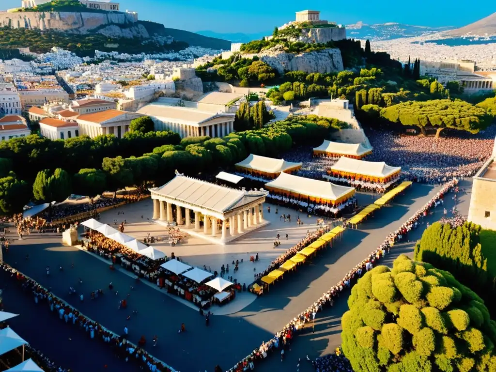 Vista aérea de Atenas durante festival, con Mitología griega, festivales y tradiciones en pleno ajetreo y colorido