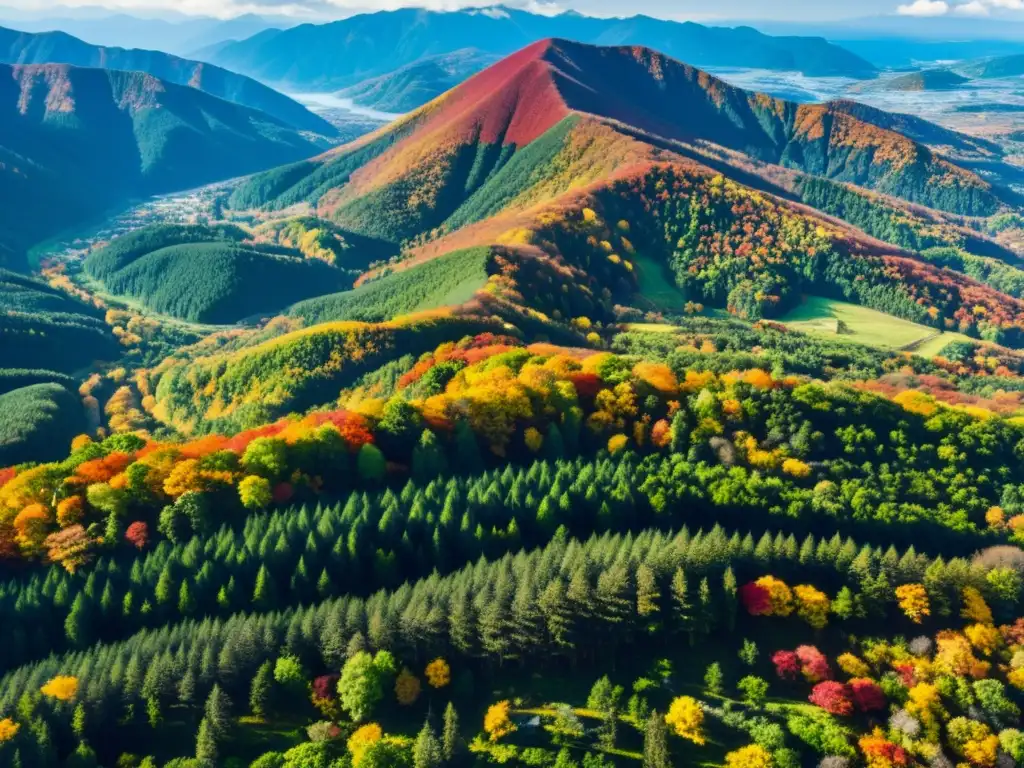 Vista aérea de bosques exuberantes y montañas nevadas en Hokkaido, Japón, con colores otoñales