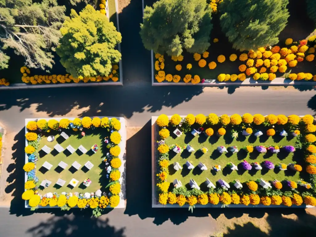 Danza de los Muertos: Celebración Colorida en Cementerio Mexicano Vista aérea de un bullicioso cementerio en México, con familias honrando la Danza de los Muertos en México con ofrendas, velas y música, en un ambiente vibrante y conmovedor