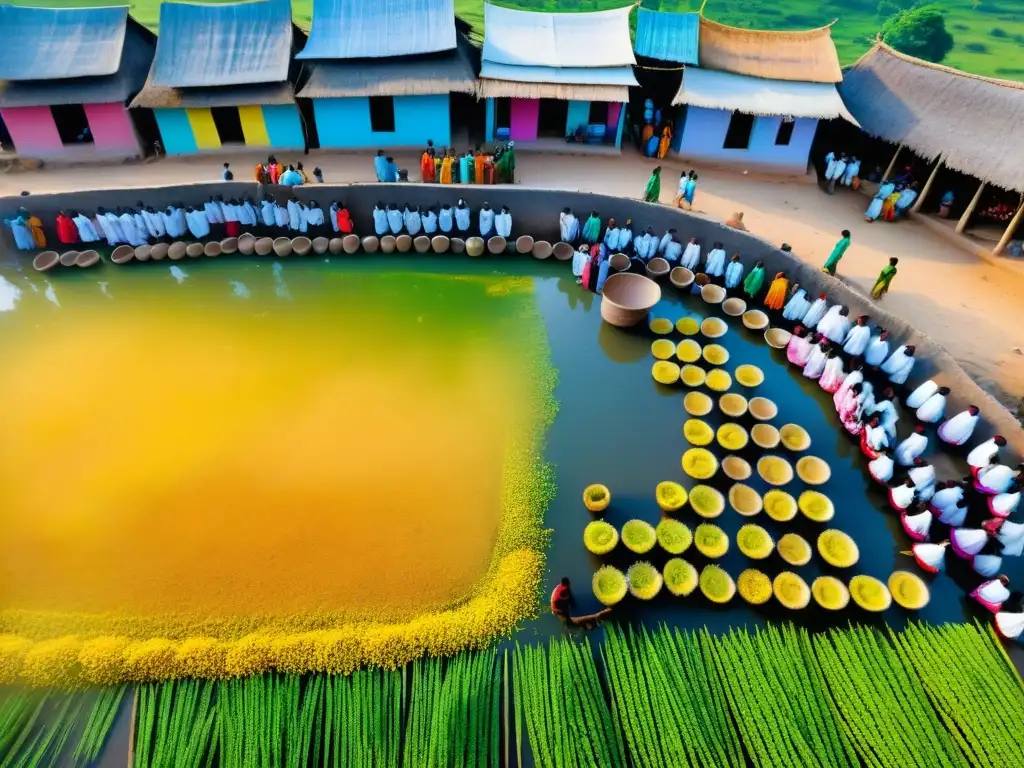 Vista aérea del bullicioso Festival Pongal en un pueblo rural de India, con coloridas decoraciones y tradiciones agrícolas y culturales