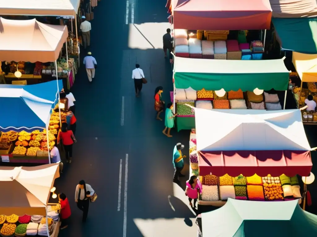 Vista aérea de un bullicioso mercado étnico, con variados vendedores y clientes, creando una atmósfera cultural vibrante