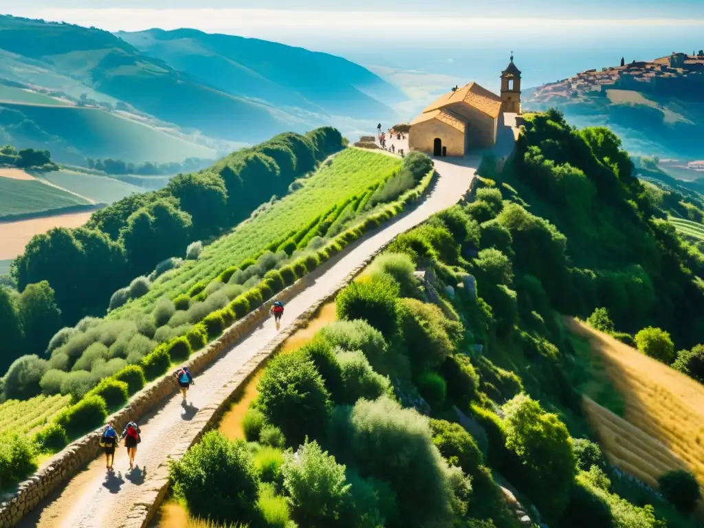 Vista aérea del Camino de Santiago con peregrinos, rodeados de vegetación y edificios antiguos