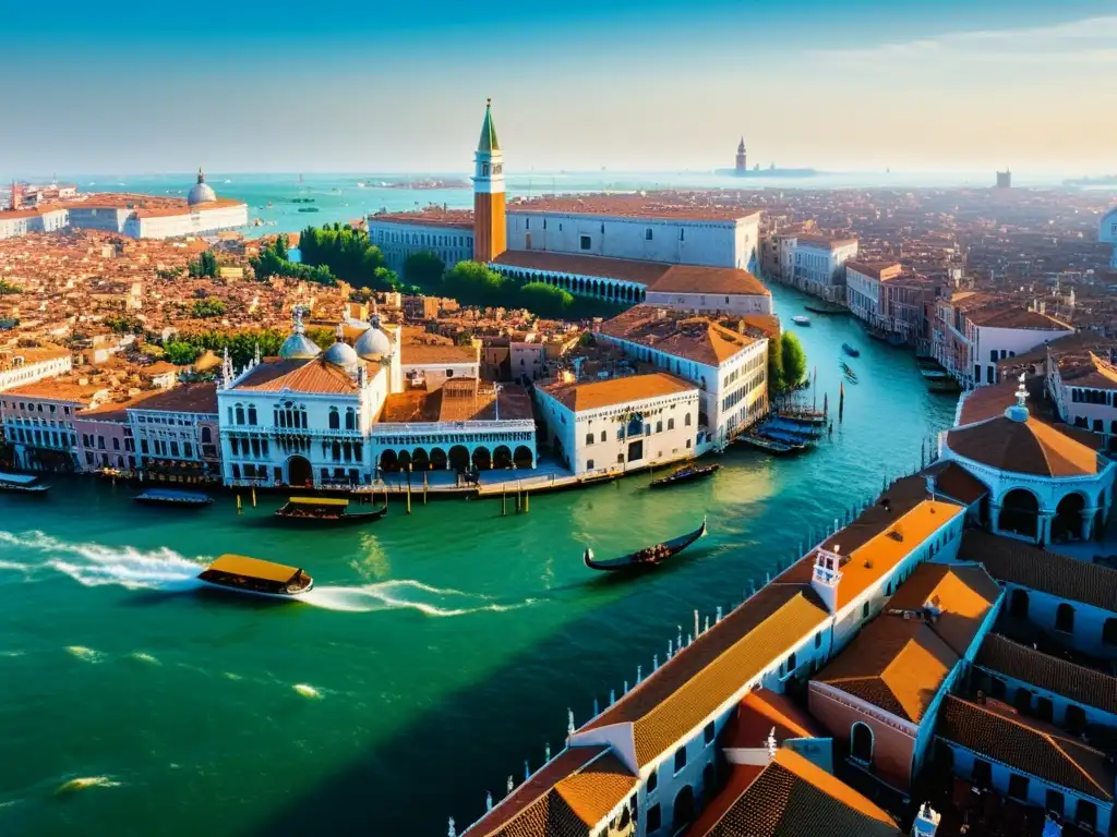 Vista aérea de Venecia, con sus canales y edificios históricos, iluminados por la suave luz matutina