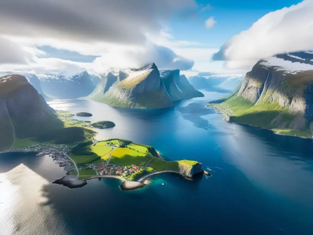 Vista aérea de la costa escarpada de Noruega, con montañas nevadas y fiordos azules