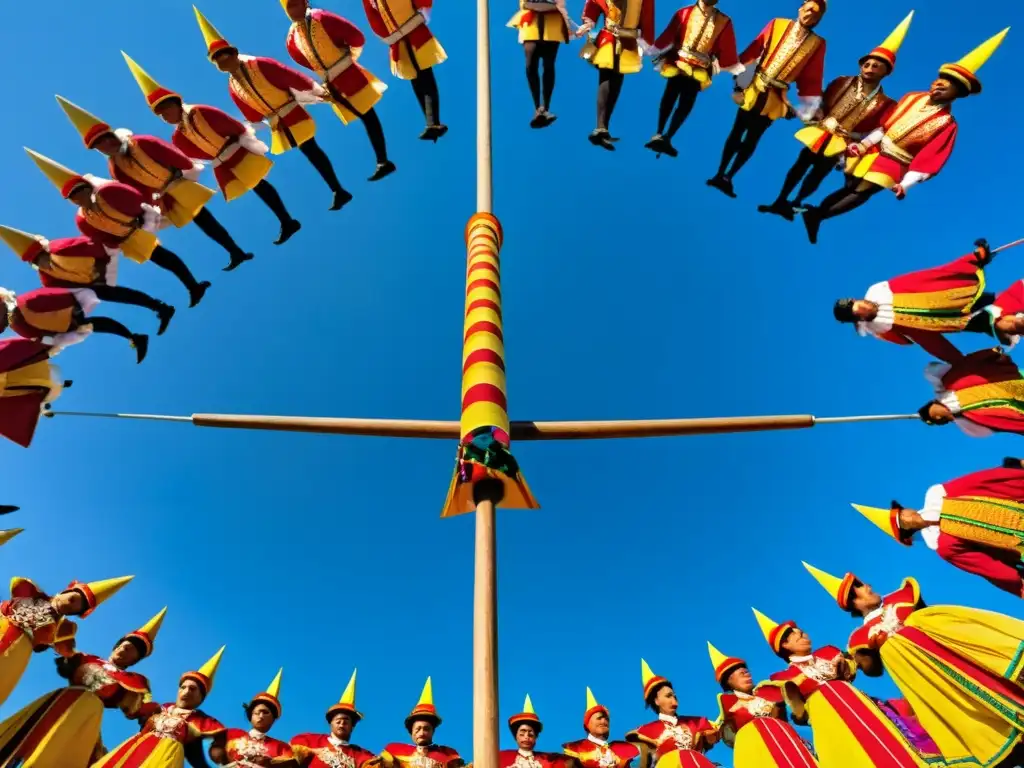 Vista aérea de la Danza de los Voladores de Papantla, con coloridos trajes ascendiendo un alto poste de madera, ante una multitud asombrada