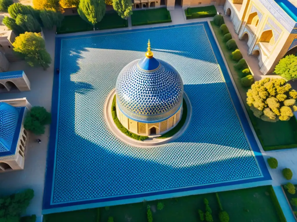 Vista aérea deslumbrante de la antigua ciudad de Samarcanda, Uzbekistán, con el emblemático Registán rodeado de madrazas azules del siglo XV