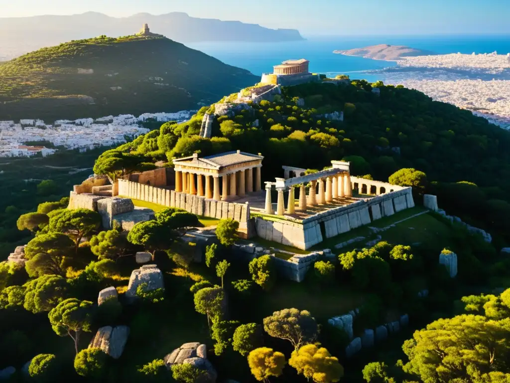 Una vista aérea detallada de la Acrópolis de Atenas, bañada por la luz dorada y rodeada de exuberante vegetación