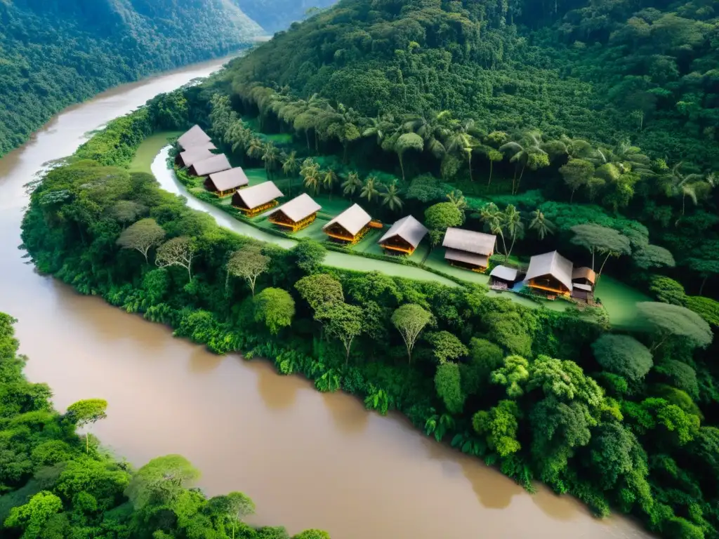 Vista aérea de un ecolodge sostenible en la selva, rodeado de árboles altos y un río sinuoso