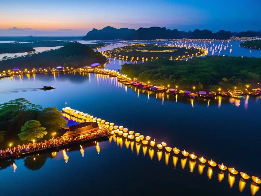 Una vista aérea embrujadora del Festival de Luces de Loy Krathong, con miles de krathongs flotando en el agua iluminando la noche oscura con velas titilantes