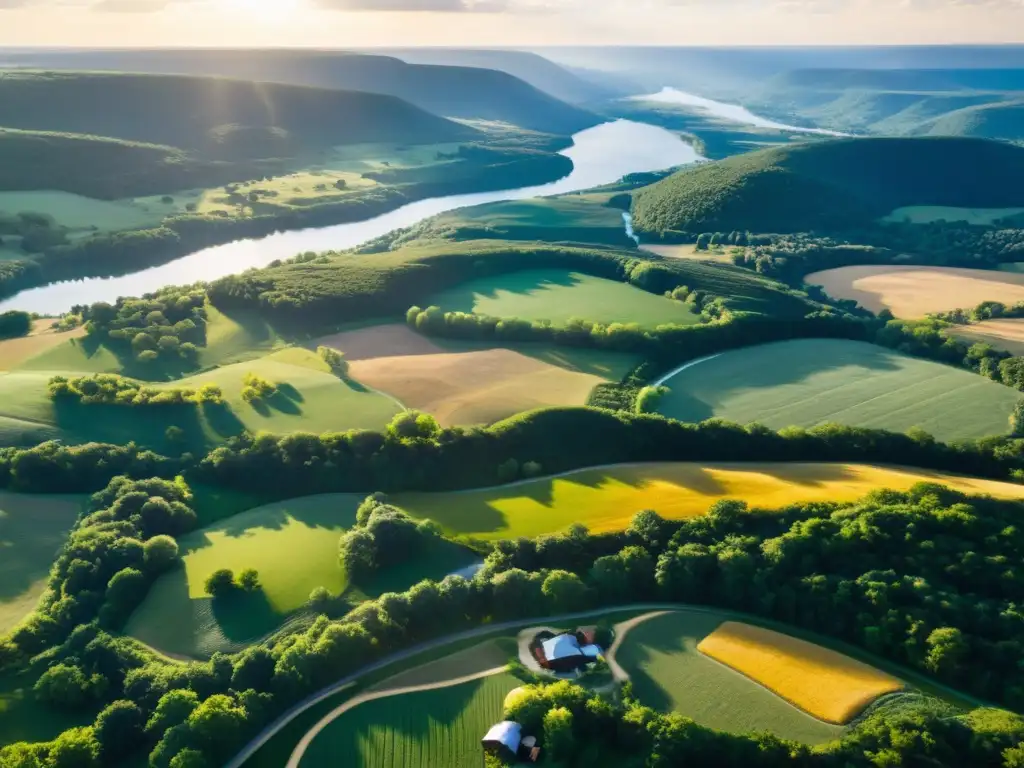 Vista aérea de un extenso paisaje natural con colinas, bosques, ríos y asentamientos nativos americanos