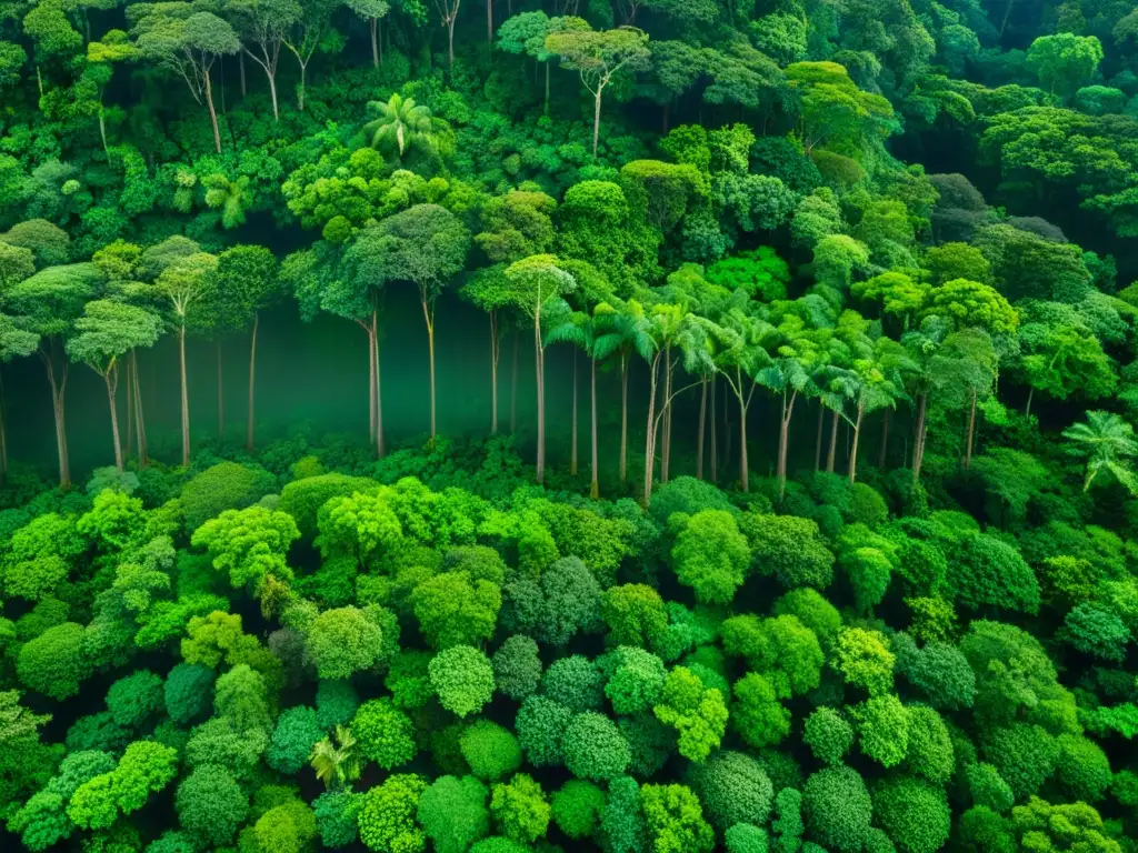 Vista aérea de un exuberante dosel de selva tropical con luz solar filtrándose entre las hojas