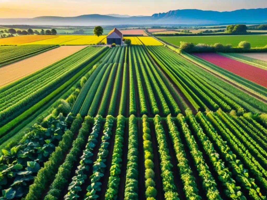 Vista aérea de exuberante granja sostenible, resaltando la importancia de la agricultura local y su conexión con la cocina tradicional