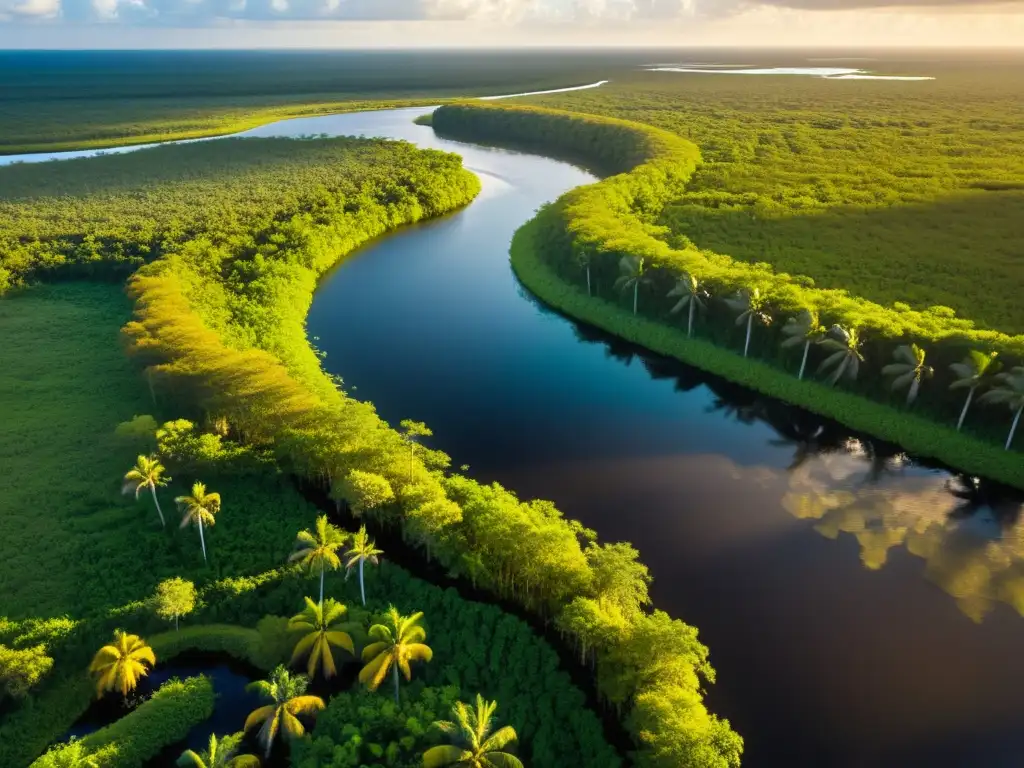 Vista aérea de los exuberantes Everglades en Florida con una choza chickee Seminole, historia y modernidad Seminoles Florida