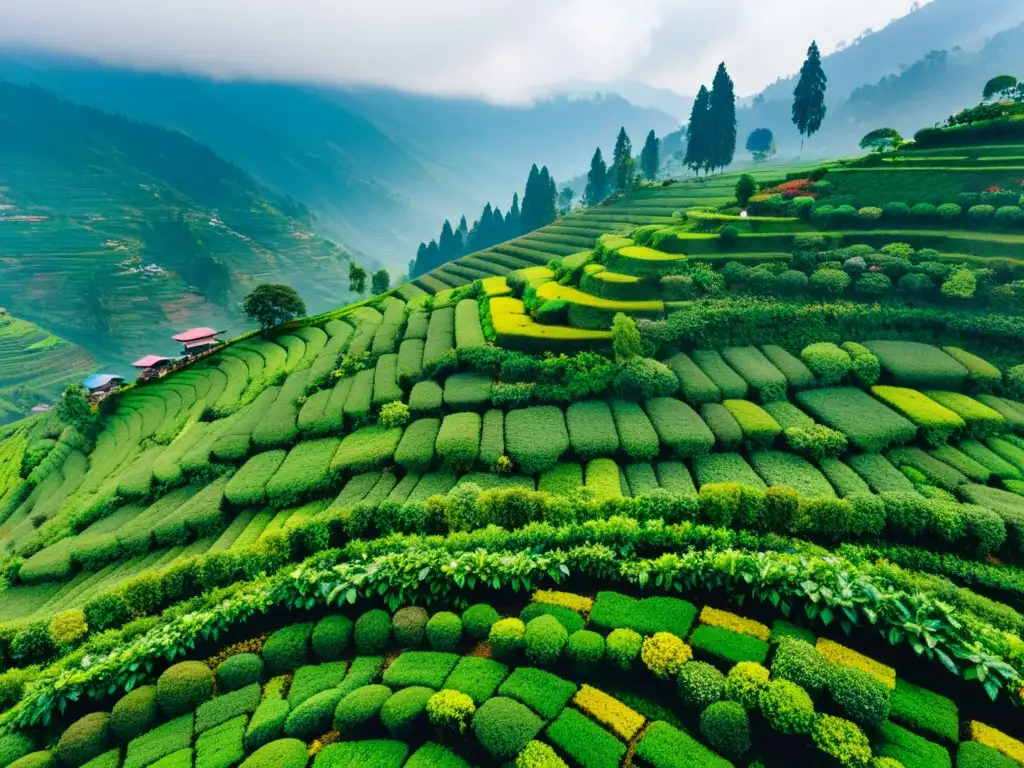 Vista aérea de los exuberantes jardines de té en terrazas de Darjeeling, India, reflejando la cultura e historia del té de Darjeeling en la India