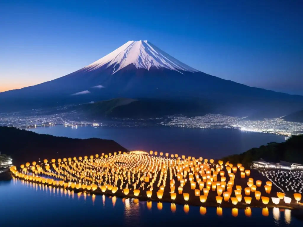 Vista aérea de festivales de fuego en Japón: caminos iluminados, monte Fuji, lanzamiento de linternas, yukata y lago Kawaguchi