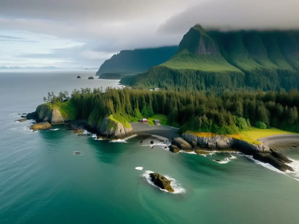 Vista aérea de Haida Gwaii, con su exuberante naturaleza y la tradicional casa larga del pueblo Haida