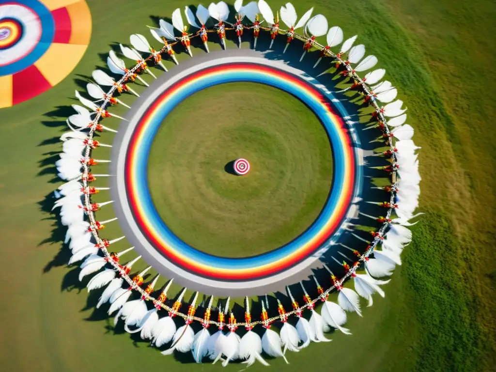 Vista aérea impactante de un powwow tradicional de pueblos nativos americanos, con regalía colorida y danzas al ritmo de tambores