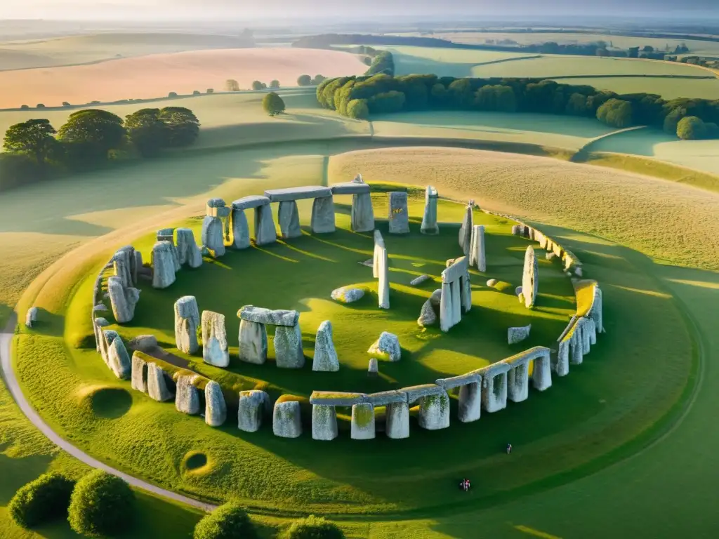 Una vista aérea de alta resolución de Stonehenge, con sus imponentes piedras neolíticas en la suave luz del amanecer