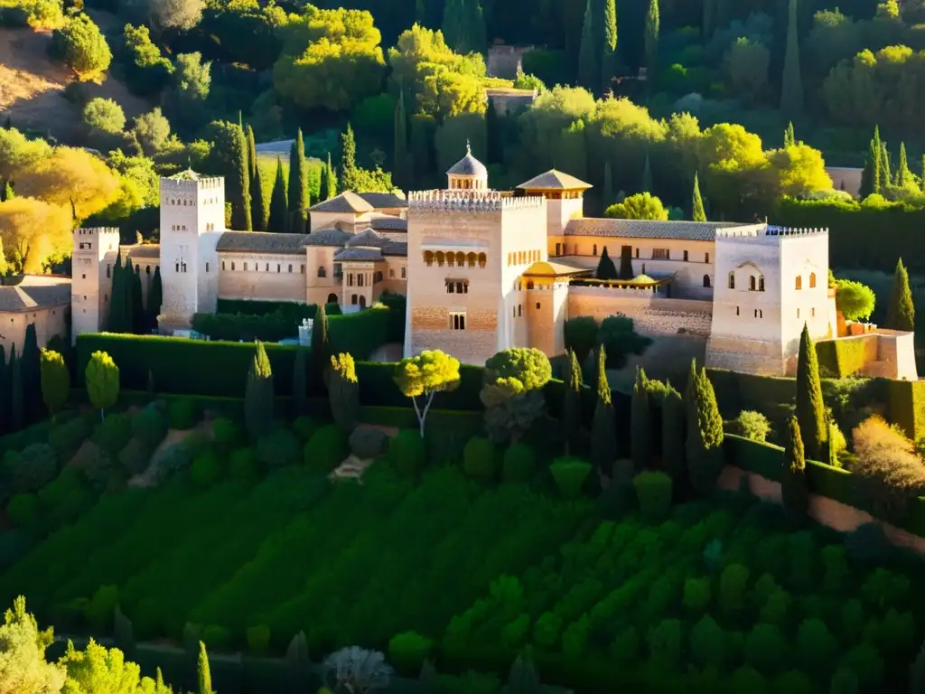 Vista aérea impresionante de la Alhambra, bañada por cálida luz solar