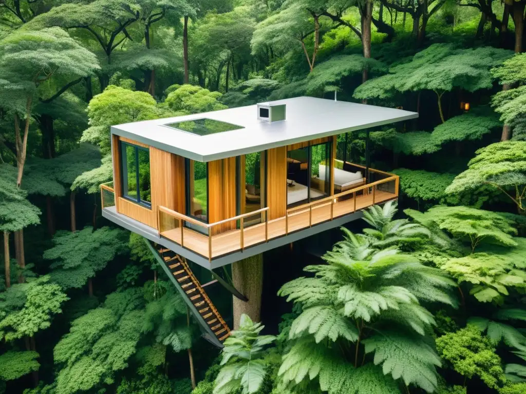 Vista aérea impresionante de un alojamiento en árboles tradicionales, integrado en la exuberante naturaleza con diseño moderno y toques culturales