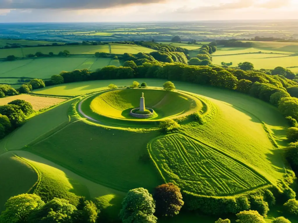 Vista aérea impresionante de las antiguas ruinas en la colina de Tara, Irlanda, revelando la rica herencia celta