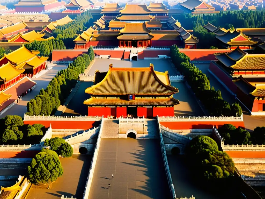 Vista aérea impresionante de la Ciudad Prohibida en Beijing, China, con sus muros rojos, techos dorados y patios meticulosamente diseñados