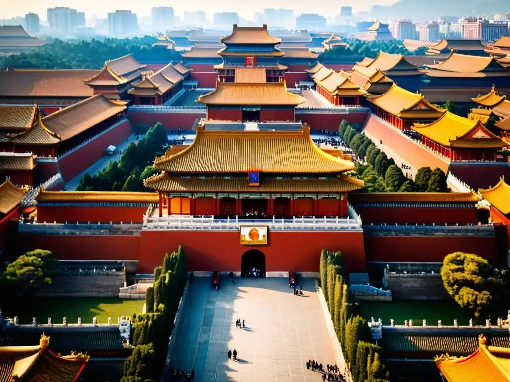 Vista aérea impresionante de la Ciudad Prohibida en Beijing, con su arquitectura tradicional roja y dorada en contraste con los rascacielos modernos