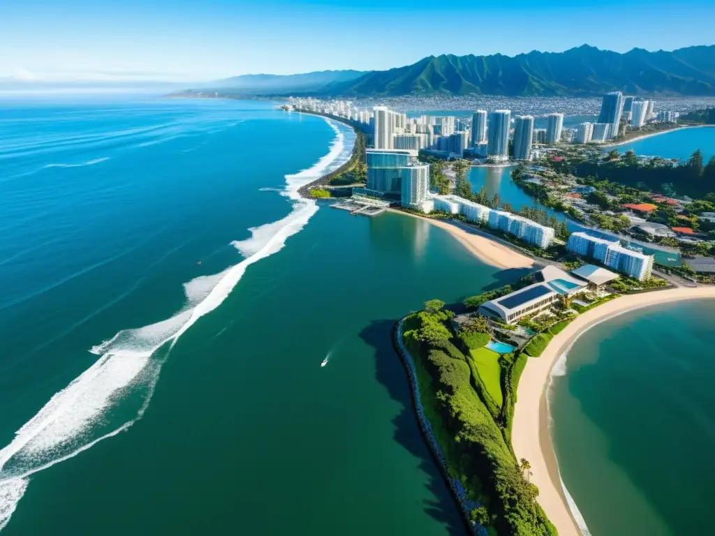 Vista aérea impresionante de una ciudad costera moderna con rascacielos y estilos constructivos occidentales en el Pacífico