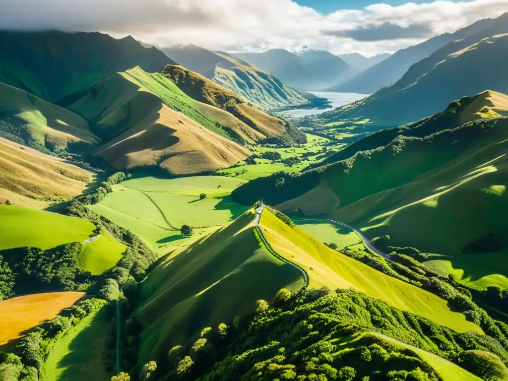 Vista aérea impresionante de las colinas verdes de Nueva Zelanda con rutas de El Señor de los Anillos, montañas majestuosas y luz filtrada entre nubes