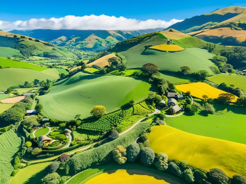 Vista aérea impresionante de las colinas verdes de Matamata, Nueva Zelanda, hogar de Hobbiton