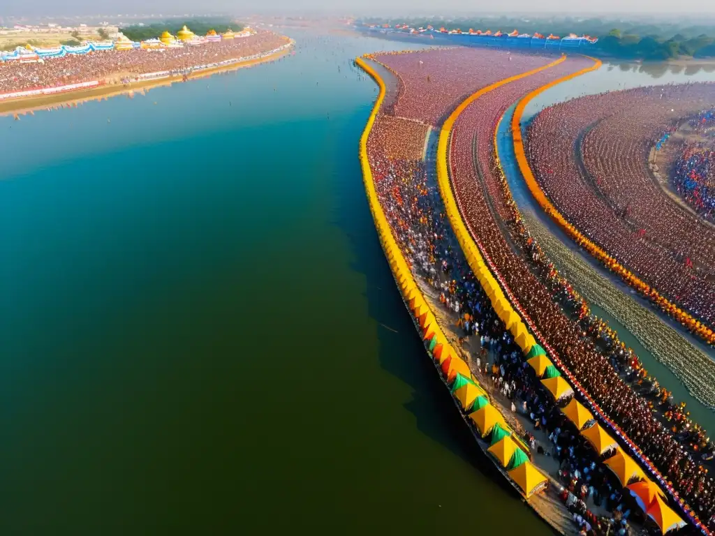 Vista aérea impresionante de la congregación espiritual Kumbh Mela en India, con millones de peregrinos reunidos en las orillas del río sagrado, creando un espectáculo vibrante de devoción y espiritualidad