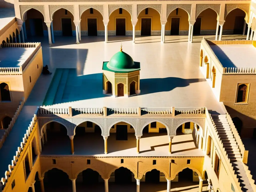 Vista aérea impresionante de la histórica Madrasa en Túnez, con su diseño arquitectónico intrincado y su vibrante patio lleno de estudiantes