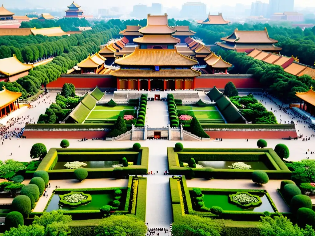 Vista aérea impresionante de los jardines imperiales en la Ciudad Prohibida de Beijing, China