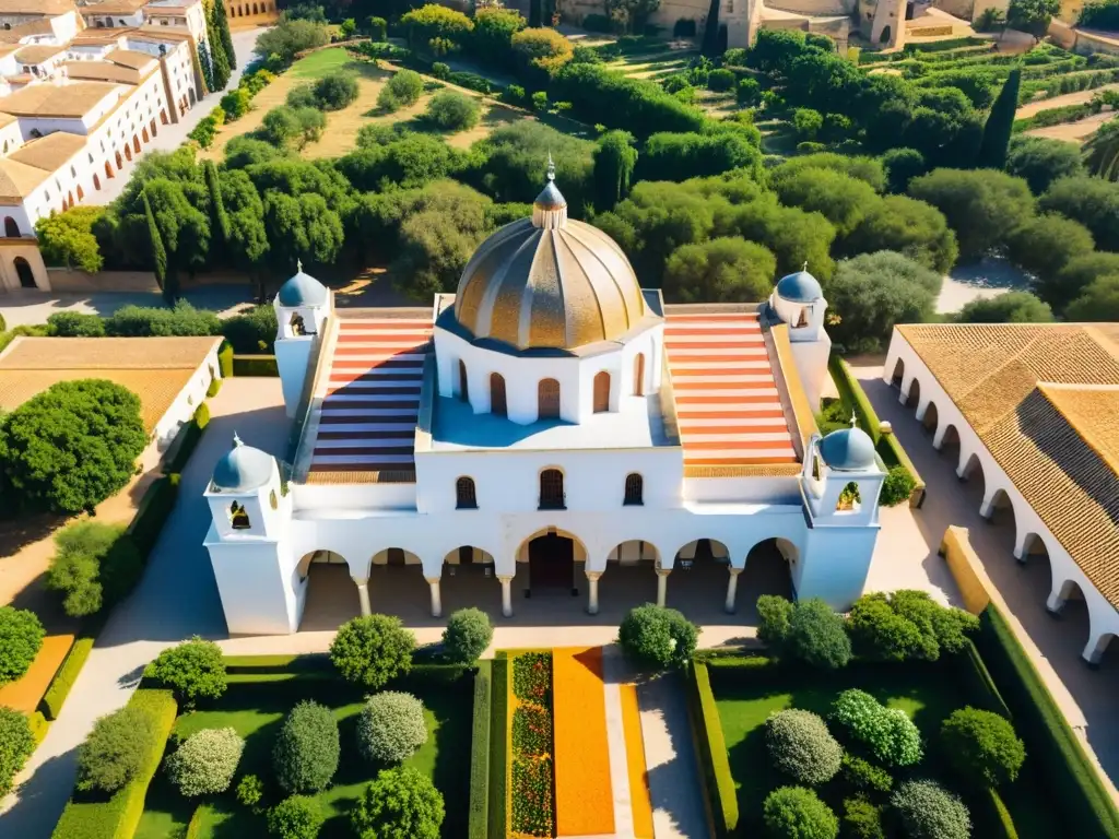 Vista aérea de la impresionante Mezquita de Córdoba con sus arcos dobles, arcos de herradura rojos y blancos, y un patio exuberante con naranjos