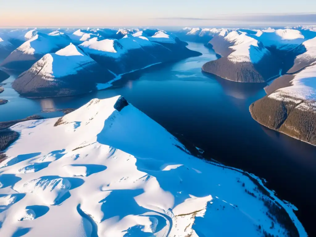 Vista aérea impresionante de los Mitos Nórdicos en Escandinavia: paisaje nevado, fiordos sinuosos y un barco vikingo en aguas frías al atardecer