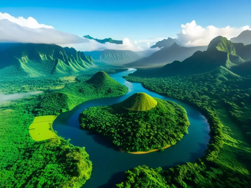 Vista aérea impresionante de paisaje verde con río serpenteante y montañas en la neblina