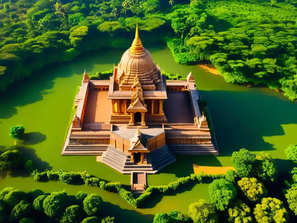 Vista aérea impresionante del Templo Brihadeeswarar en Tamil Nadu, India, destacando la arquitectura del Imperio Chola