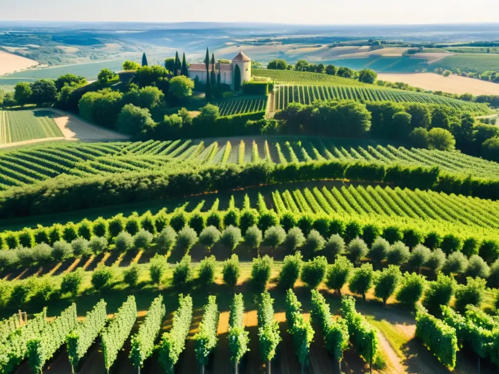 Vista aérea impresionante de viñedos en la campiña francesa de Bordeaux, con diversidad de colores, chateaus y la serena belleza del río Garonne