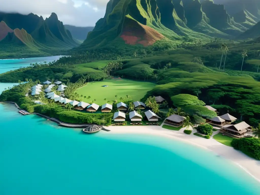 Vista aérea de una isla polinesia con naturaleza exuberante, aguas cristalinas y casas tradicionales