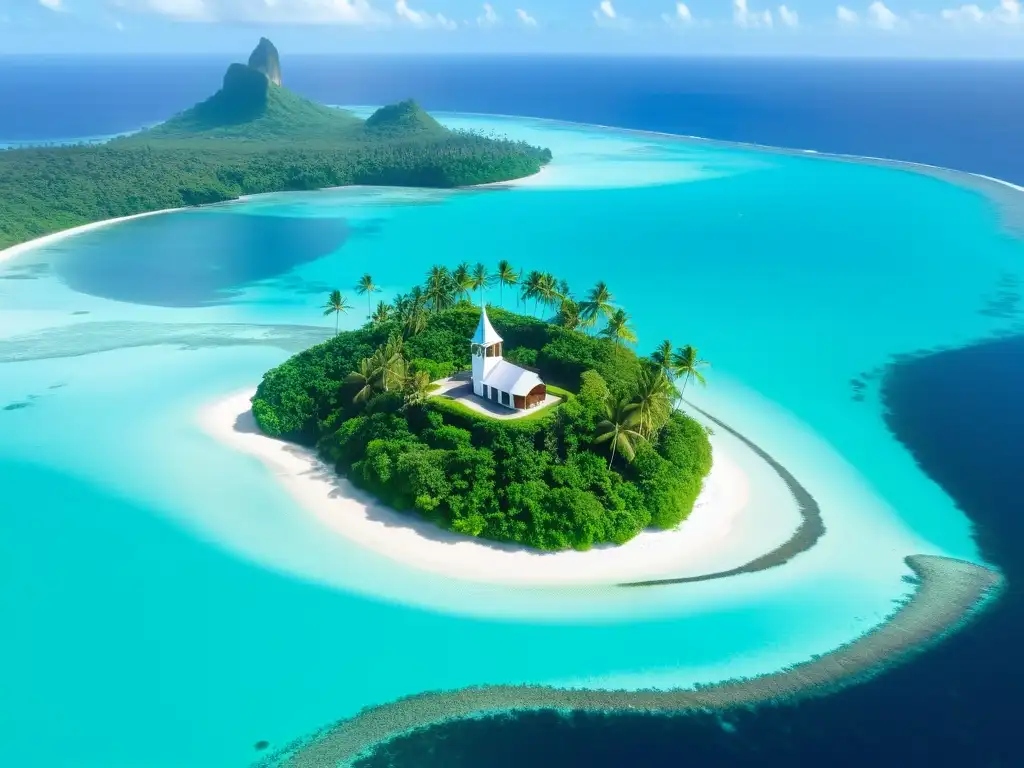 Vista aérea de isla remota en el Pacífico con iglesia y cruz, evocando influencia del cristianismo en tradiciones