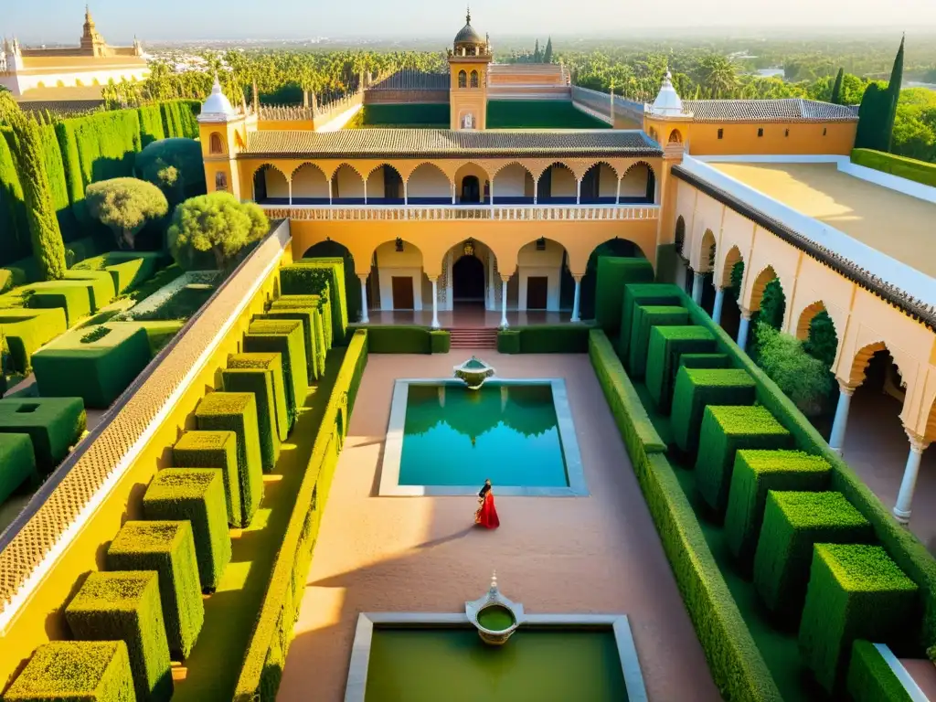 Vista aérea del lujoso hotel El Alcázar de Sevilla, fusionando historia cultural y moderna elegancia