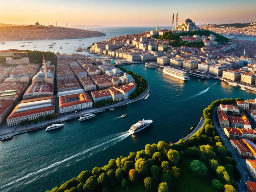 Vista aérea de Estambul, con la luz dorada del atardecer, mostrando la fusión de culturas entre Europa y Asia