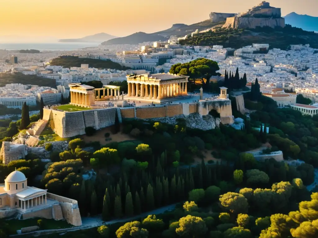 Vista aérea de la majestuosa Acrópolis de Atenas, con el icónico Partenón bañado en luz dorada