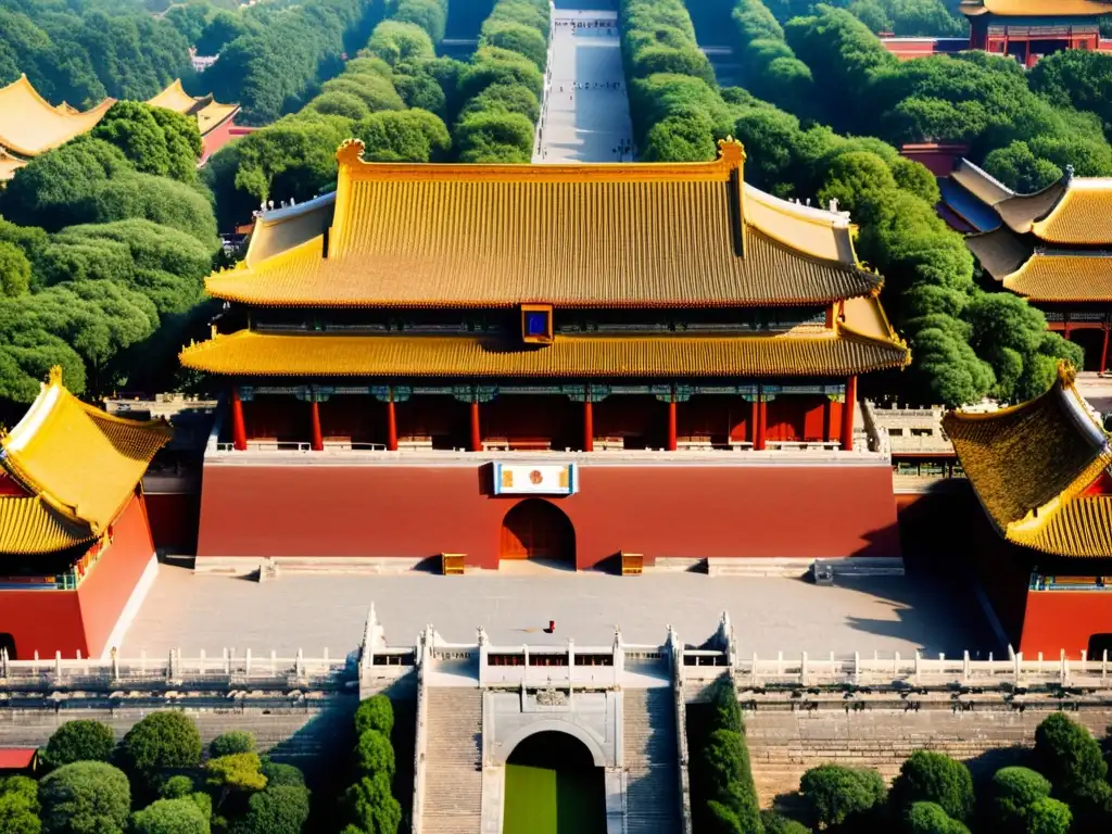 Vista aérea de la majestuosa Ciudad Prohibida en Beijing, China, con su arquitectura imperial, historia y exuberante entorno verde