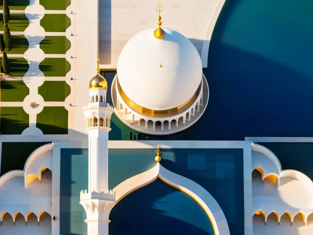 Vista aérea de la majestuosa y detallada arquitectura de la Mezquita Sheikh Zayed en Abu Dabi, una maravilla del mundo islámico que evoca el alma